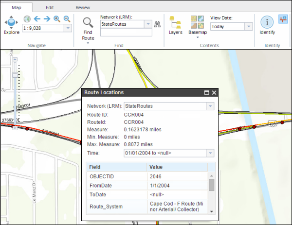 Viewing results in the Route Locations window Viewing results in the Route Locations window